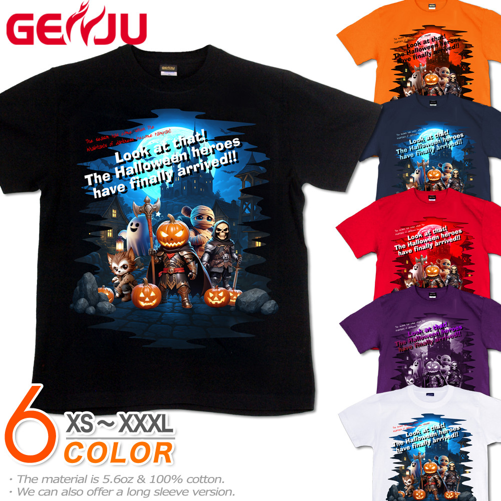 GENJU ハロウィン カボチャ 狼男 骸骨 スカル メンズ レディース イベント チーム買い スポーツジム ダンス Tシャツ 半袖 長袖 Heroes of the evil night 大きめサイズあり XXL XXXL 2L 3L 4L