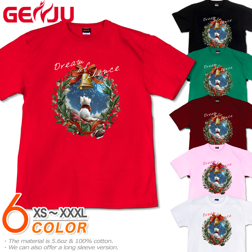 GENJU クリスマス 猫 ネコ サンタクロース イベント スポーツジム メンズ レディース 雪 月 衣装 ダンス Tシャツ 半袖 長袖 Dream of Sirence 大きめサイズあり XXL XXXL 2L 3L 4L