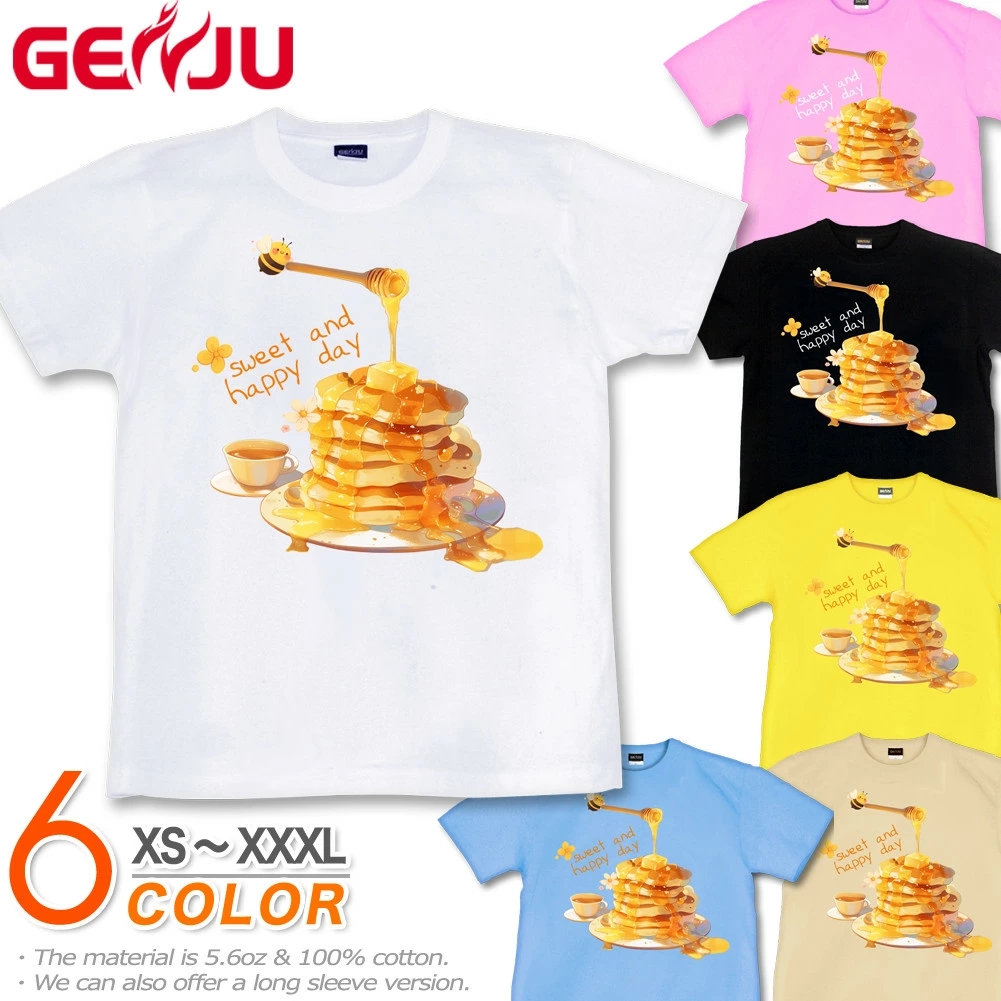 GENJU ホットケーキ スイーツ カフェ  はちみつ 喫茶店 ミツバチ メンズ レディース Tシャツ 半袖 長袖 happy sweet day  大きめサイズあり XXL XXXL 2L 3L 4L