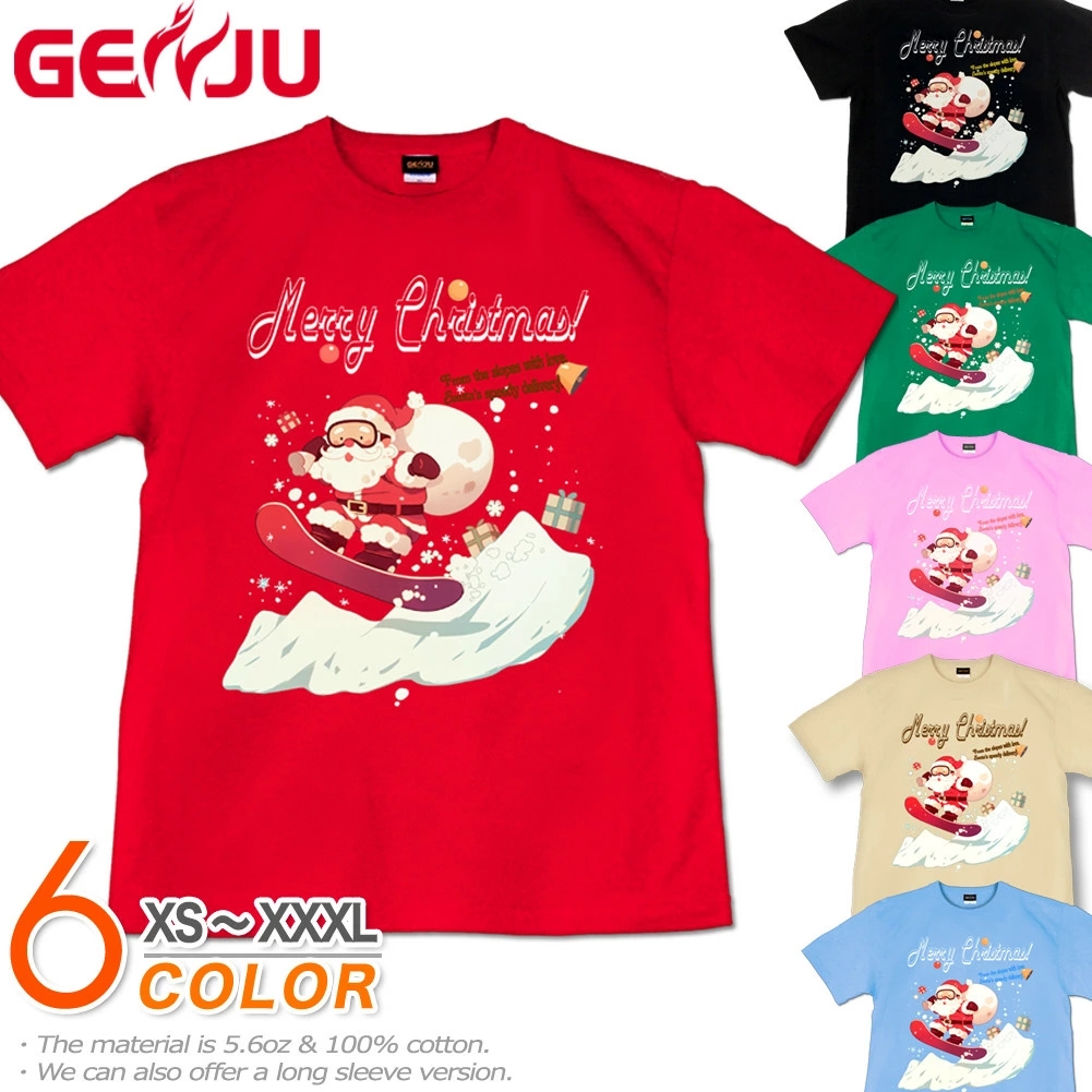 GENJU クリスマス サンタクロース スノーボード イベント メンズ レディース Tシャツ 半袖 長袖 Santa Claus at the ski resort 大きめサイズあり XXL XXXL 2L 3L 4L